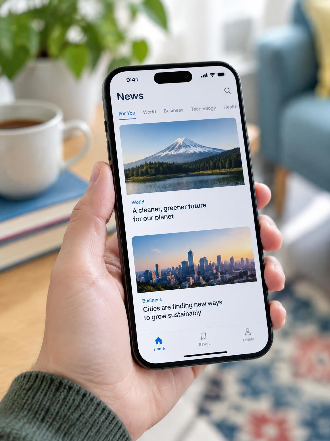 Hand holding a smartphone showing a news app