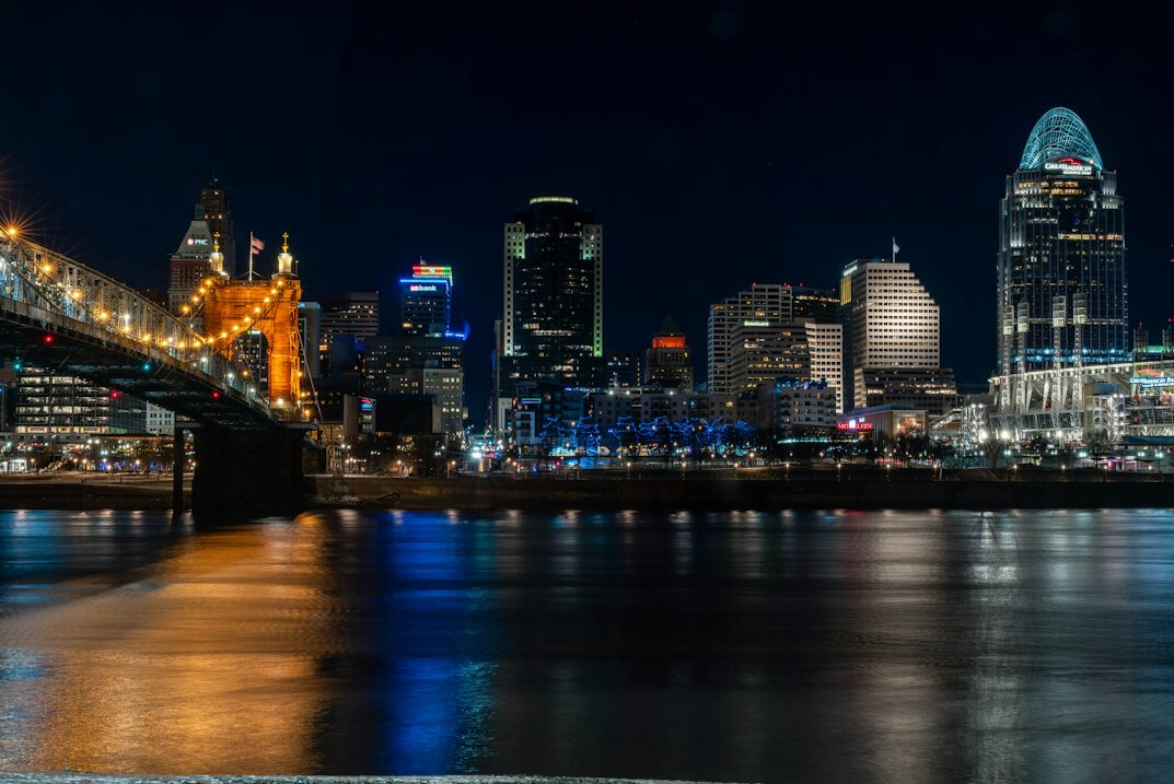 City skyline lit up at night